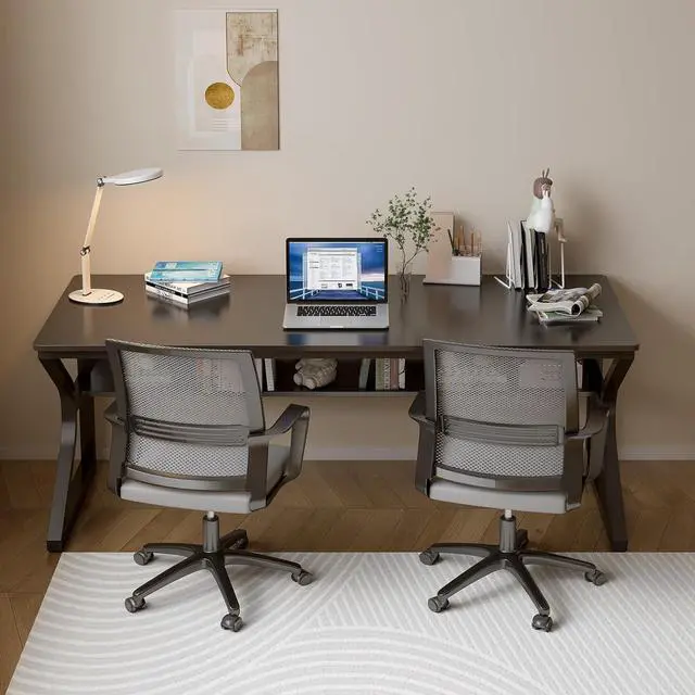 Alt view image 6 of 7 - Extra Long Desk with Bookshelf - 63" Double Long Writing Table for 2-Person Workstation, Modern Study Work Computer Desk for Home and Office, Black