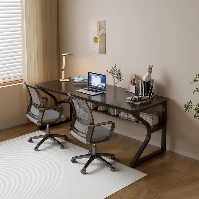 Alt view image 7 of 7 - Extra Long Desk with Bookshelf - 63" Double Long Writing Table for 2-Person Workstation, Modern Study Work Computer Desk for Home and Office, Black