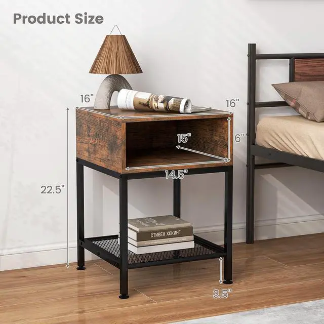Alt view image 3 of 7 - Giantex 2-Tier Side Table Set of 2, Industrial End Table with Open and Mesh Storage Shelf, Stable Metal Frame, Telephone Table for Small Space, Bedside Table Night Stand for Living Room, Rustic Brown