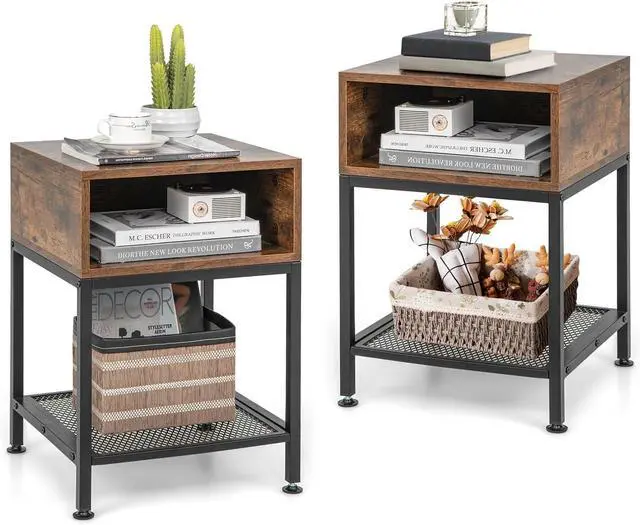 Main image of Giantex 2-Tier Side Table Set of 2, Industrial End Table with Open and Mesh Storage Shelf, Stable Metal Frame, Telephone Table for Small Space, Bedside Table Night Stand for Living Room, Rustic Brown