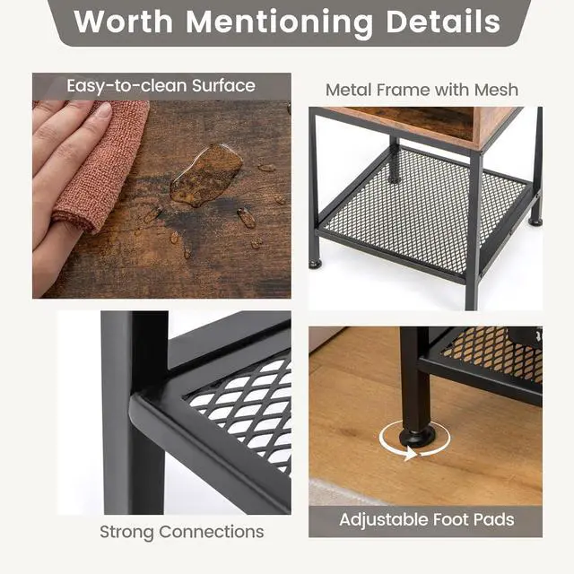 Alt view image 6 of 7 - Giantex 2-Tier Side Table Set of 2, Industrial End Table with Open and Mesh Storage Shelf, Stable Metal Frame, Telephone Table for Small Space, Bedside Table Night Stand for Living Room, Rustic Brown