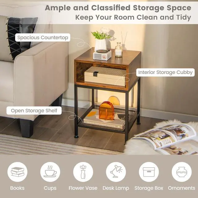 Alt view image 4 of 7 - Giantex 2-Tier Side Table Set of 2, Industrial End Table with Open and Mesh Storage Shelf, Stable Metal Frame, Telephone Table for Small Space, Bedside Table Night Stand for Living Room, Rustic Brown