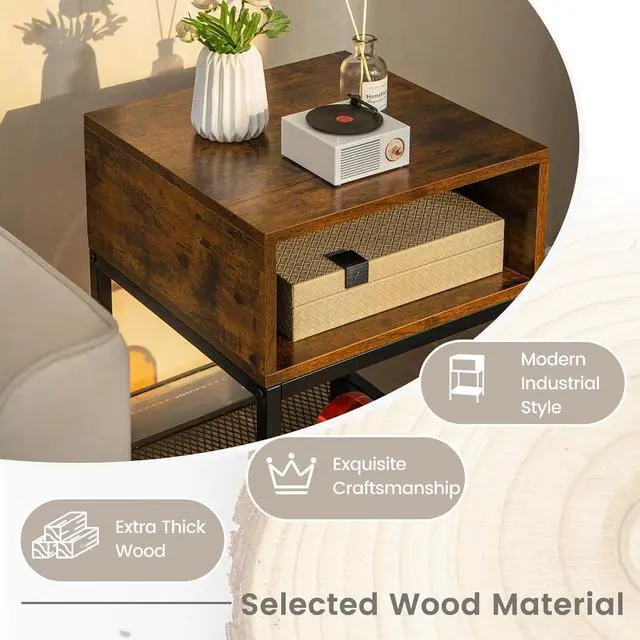 Alt view image 5 of 7 - Giantex 2-Tier Side Table Set of 2, Industrial End Table with Open and Mesh Storage Shelf, Stable Metal Frame, Telephone Table for Small Space, Bedside Table Night Stand for Living Room, Rustic Brown