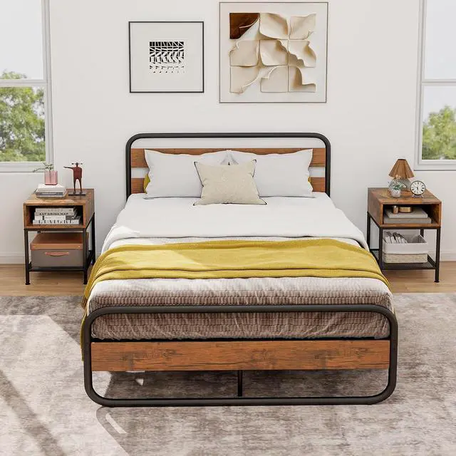 Alt view image 2 of 7 - Giantex 2-Tier Side Table Set of 2, Industrial End Table with Open and Mesh Storage Shelf, Stable Metal Frame, Telephone Table for Small Space, Bedside Table Night Stand for Living Room, Rustic Brown