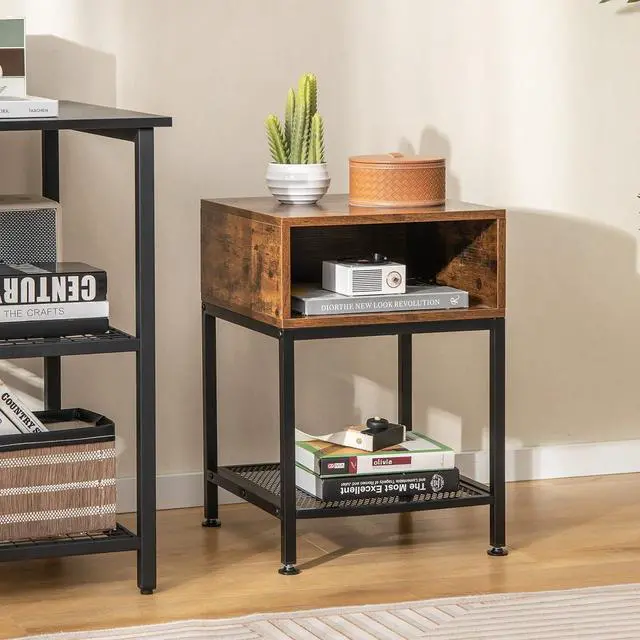 Alt view image 7 of 7 - Giantex 2-Tier Side Table Set of 2, Industrial End Table with Open and Mesh Storage Shelf, Stable Metal Frame, Telephone Table for Small Space, Bedside Table Night Stand for Living Room, Rustic Brown