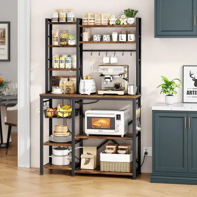Alt view image 2 of 7 - Baker Rack with Power Outlet - Microwave Stand with Storage, Large Coffee Bar Station with 14 Hooks, Metal Kitchen Shelf Rack for Spices, Pots (Rustic Brown)