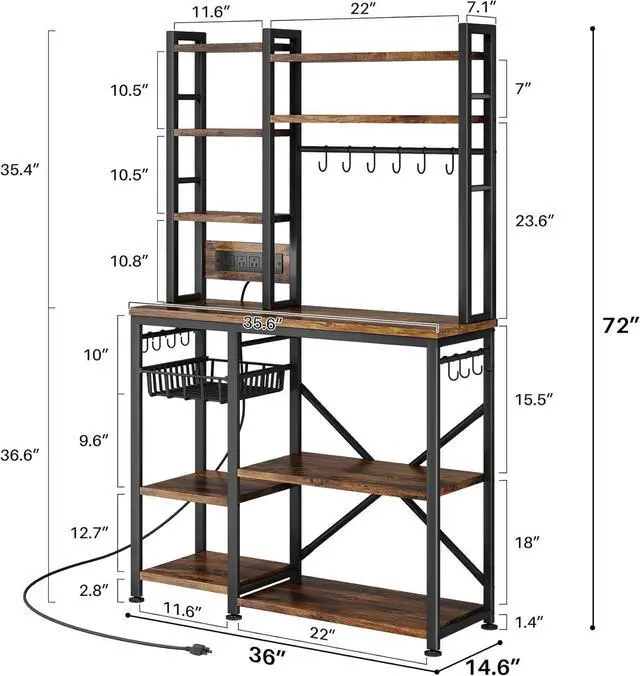 Alt view image 3 of 7 - Baker Rack with Power Outlet - Microwave Stand with Storage, Large Coffee Bar Station with 14 Hooks, Metal Kitchen Shelf Rack for Spices, Pots (Rustic Brown)