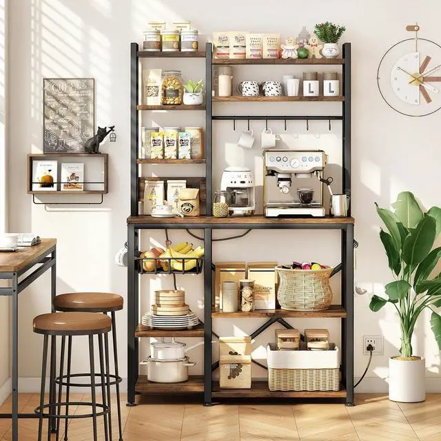 Alt view image 5 of 7 - Baker Rack with Power Outlet - Microwave Stand with Storage, Large Coffee Bar Station with 14 Hooks, Metal Kitchen Shelf Rack for Spices, Pots (Rustic Brown)