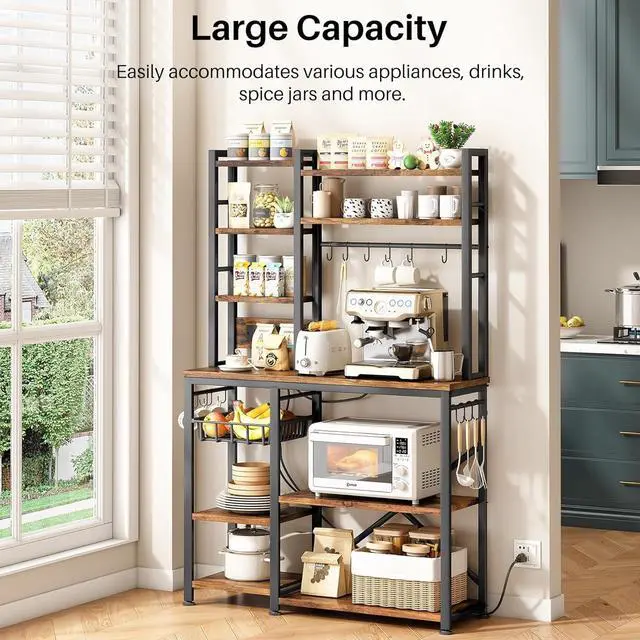 Alt view image 6 of 7 - Baker Rack with Power Outlet - Microwave Stand with Storage, Large Coffee Bar Station with 14 Hooks, Metal Kitchen Shelf Rack for Spices, Pots (Rustic Brown)