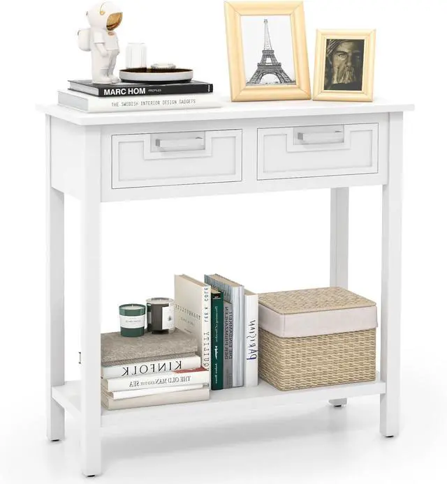 Main image of Giantex Console Table with Drawers, Entry Table, Narrow Sofa Table with Open Storage Shelf, Wood Legs, Foyer Table, Entryway Table for Office, Living Room, Hallway, Couch Table (White)