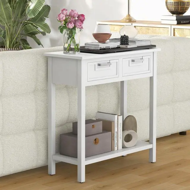 Alt view image 5 of 7 - Giantex Console Table with Drawers, Entry Table, Narrow Sofa Table with Open Storage Shelf, Wood Legs, Foyer Table, Entryway Table for Office, Living Room, Hallway, Couch Table (White)