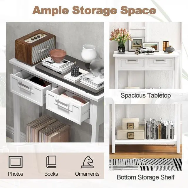 Alt view image 6 of 7 - Giantex Console Table with Drawers, Entry Table, Narrow Sofa Table with Open Storage Shelf, Wood Legs, Foyer Table, Entryway Table for Office, Living Room, Hallway, Couch Table (White)