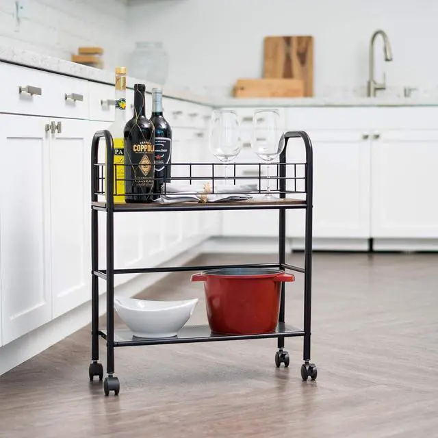 Alt view image 3 of 7 - IRIS USA 2-Tier Kitchen Storage Rolling Cart with Lockable Caster Wheels, Coffee Station, Pantry Rack, Home Bar, Serving Cart, Slim, Rustic Brown
