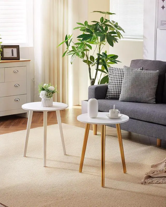 Alt view image 6 of 7 - Apicizon Small Round Side Tables End Table Bedroom, White Nightstand Bedside Table for Living Room, Coffee Table with White Wood Legs, 16.5 x 20.5 Inches