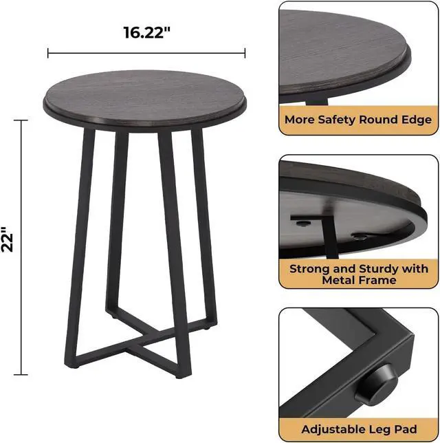 Alt view image 2 of 7 - Round End Table, Small Side Table Grey Color MDF Top, Metal Frame Black, Tall End Side Table for Bed Room, Coffee Tea End Table for Living Room(Round Grey)