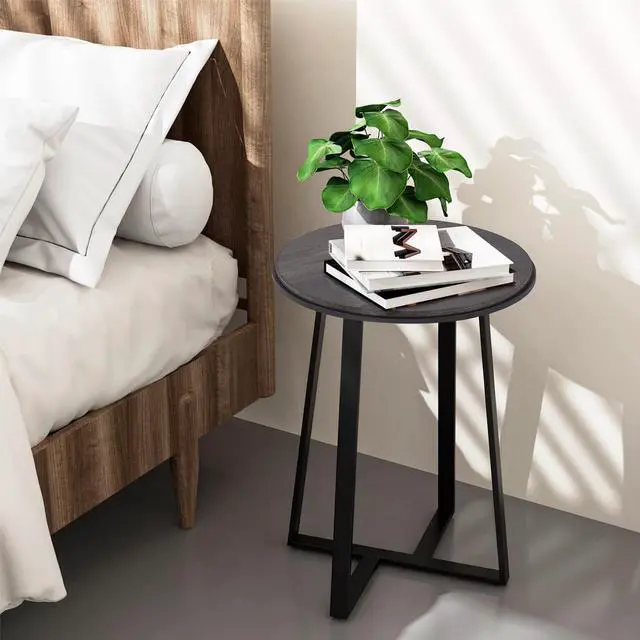 Alt view image 3 of 7 - Round End Table, Small Side Table Grey Color MDF Top, Metal Frame Black, Tall End Side Table for Bed Room, Coffee Tea End Table for Living Room(Round Grey)