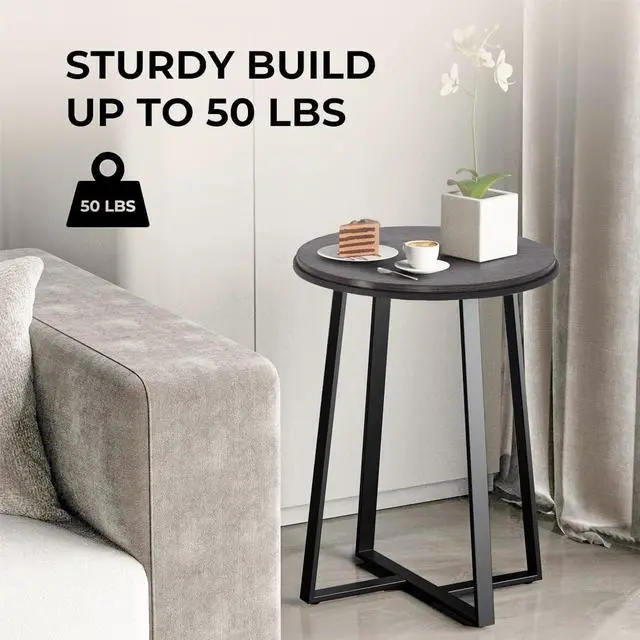 Alt view image 5 of 7 - Round End Table, Small Side Table Grey Color MDF Top, Metal Frame Black, Tall End Side Table for Bed Room, Coffee Tea End Table for Living Room(Round Grey)
