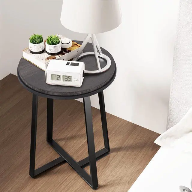 Alt view image 6 of 7 - Round End Table, Small Side Table Grey Color MDF Top, Metal Frame Black, Tall End Side Table for Bed Room, Coffee Tea End Table for Living Room(Round Grey)