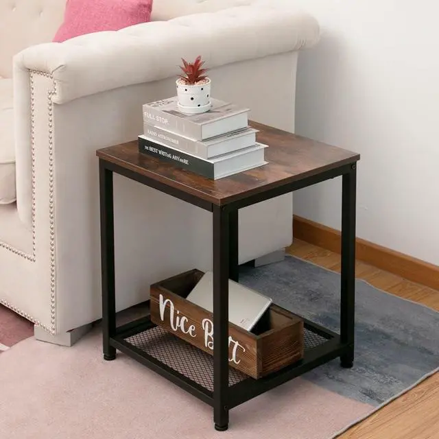 Alt view image 2 of 7 - AZL1 Life Concept Industrial End 2-Tier Side Table with Storage Shelf Sturdy Easy Assembly Wood Look Accent Furniture with Metal Frame