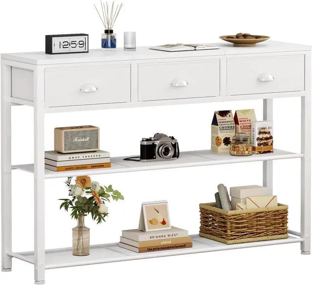 Main image of Furologee White Entryway Table, 38'' Console Sofa Table with 3 Fabric Drawers, Industrial Entry Way Table with Storage Shelves, Display Shelf for Living Room, Hallway, Entrance, Foyer