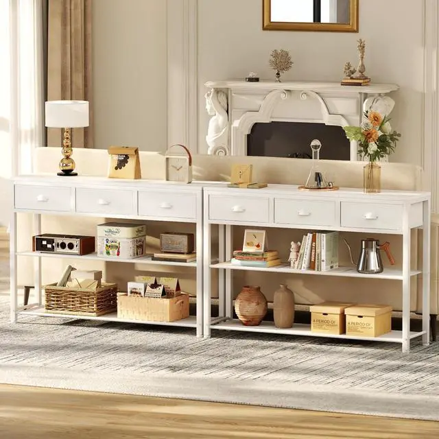 Alt view image 2 of 7 - Furologee White Entryway Table, 38'' Console Sofa Table with 3 Fabric Drawers, Industrial Entry Way Table with Storage Shelves, Display Shelf for Living Room, Hallway, Entrance, Foyer