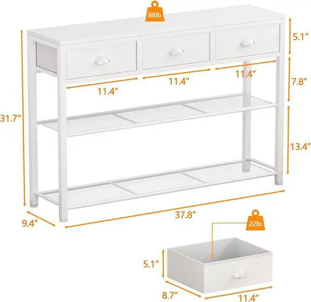 Alt view image 3 of 7 - Furologee White Entryway Table, 38'' Console Sofa Table with 3 Fabric Drawers, Industrial Entry Way Table with Storage Shelves, Display Shelf for Living Room, Hallway, Entrance, Foyer