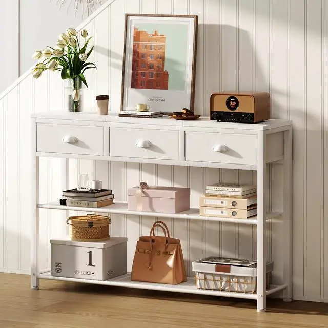 Alt view image 5 of 7 - Furologee White Entryway Table, 38'' Console Sofa Table with 3 Fabric Drawers, Industrial Entry Way Table with Storage Shelves, Display Shelf for Living Room, Hallway, Entrance, Foyer