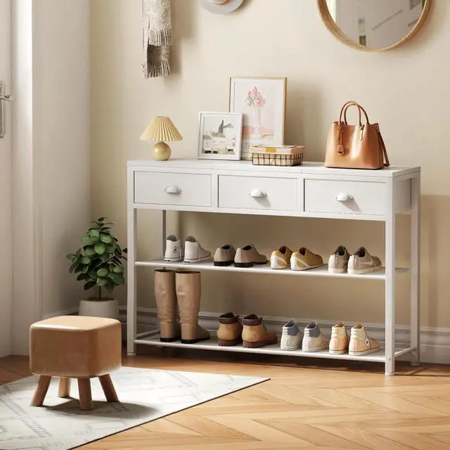 Alt view image 7 of 7 - Furologee White Entryway Table, 38'' Console Sofa Table with 3 Fabric Drawers, Industrial Entry Way Table with Storage Shelves, Display Shelf for Living Room, Hallway, Entrance, Foyer