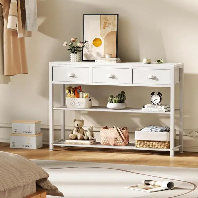 Alt view image 6 of 7 - Furologee White Entryway Table, 38'' Console Sofa Table with 3 Fabric Drawers, Industrial Entry Way Table with Storage Shelves, Display Shelf for Living Room, Hallway, Entrance, Foyer