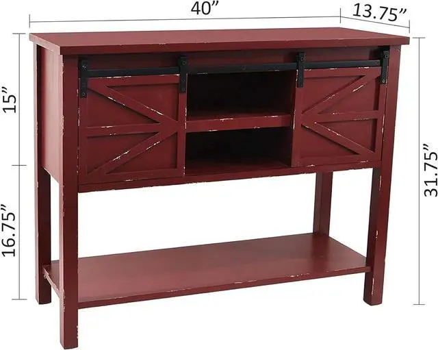 Alt view image 3 of 4 - eHemco Antique Farmhouse Console Table with Sliding Barn Doors and Bottom Storage Shelf, Antique Red