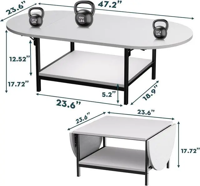 Alt view image 2 of 7 - SAYGOER Modern Coffee Table White Extended Coffee Tables with Storage for Living Room 2-Tier Unique Center Table with Two Foldable Panel for Any Large or Small Space, All White