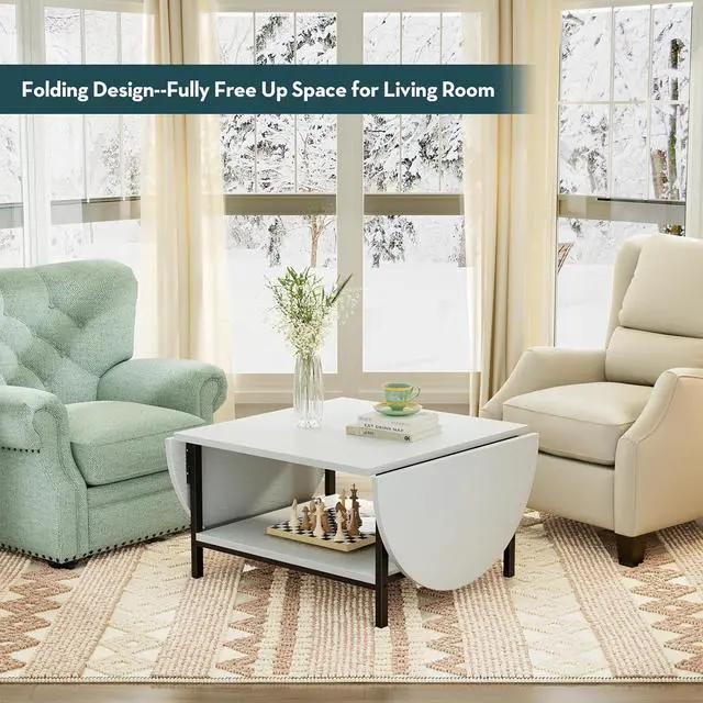 Alt view image 3 of 7 - SAYGOER Modern Coffee Table White Extended Coffee Tables with Storage for Living Room 2-Tier Unique Center Table with Two Foldable Panel for Any Large or Small Space, All White