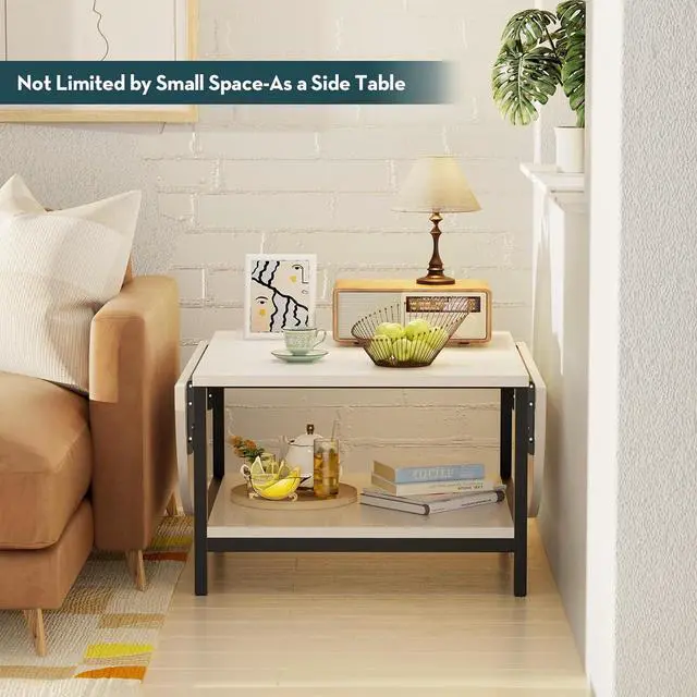 Alt view image 7 of 7 - SAYGOER Modern Coffee Table White Extended Coffee Tables with Storage for Living Room 2-Tier Unique Center Table with Two Foldable Panel for Any Large or Small Space, All White
