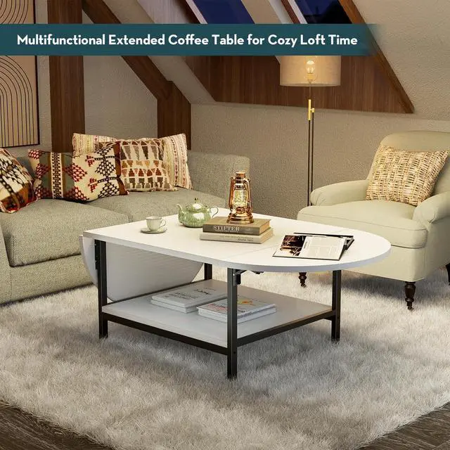 Alt view image 6 of 7 - SAYGOER Modern Coffee Table White Extended Coffee Tables with Storage for Living Room 2-Tier Unique Center Table with Two Foldable Panel for Any Large or Small Space, All White