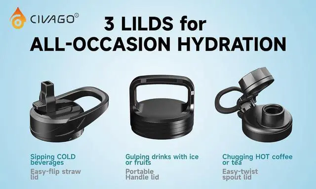 Alt view image 2 of 5 - CIVAGO 40 oz Insulated Water Bottle With Straw, Stainless Steel Sports Water Cup Flask with 3 Lids (Straw, Spout and Handle Lid), Double Walled Travel Thermal Canteen Mug, Midnight Black