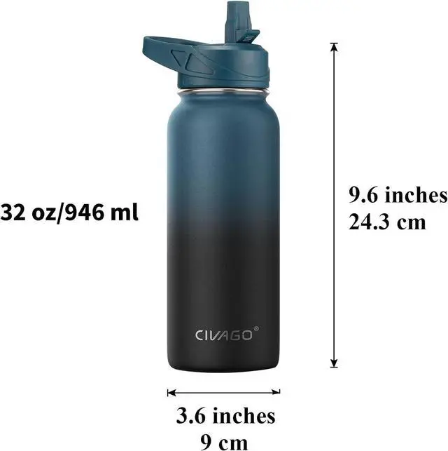 Alt view image 4 of 5 - CIVAGO 32 oz Insulated Water Bottle With Straw, Stainless Steel Sports Water Cup Flask with 3 Lids (Straw, Spout and Handle Lid), Wide Mouth Travel Thermal Mug, Black