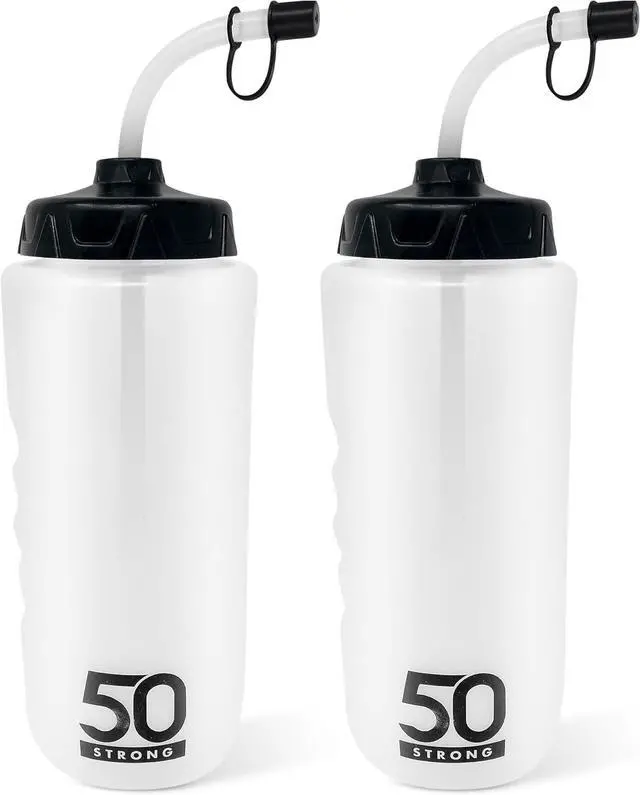 Main image of 50 Strong 1 Liter Water Bottle with Straw  2-Pack Easy-Squeeze Sports Bottles with Long Straw & Built-In Finger Grip  BPA-Free  Made in USA  Ideal for Hockey, Football, Lacrosse & Boxing