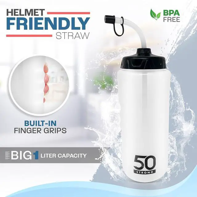 Alt view image 2 of 6 - 50 Strong 1 Liter Water Bottle with Straw  2-Pack Easy-Squeeze Sports Bottles with Long Straw & Built-In Finger Grip  BPA-Free  Made in USA  Ideal for Hockey, Football, Lacrosse & Boxing