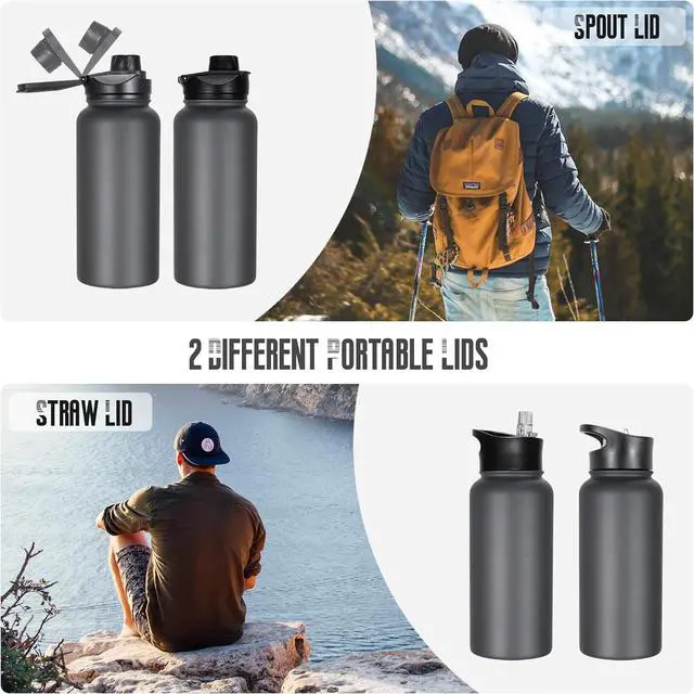 Alt view image 3 of 7 - 32 oz Insulated Water Bottle Bulk 4 Pack, Stainless Steel Sports Water Bottles with Straw Lid & Wide Mouth Lids, Double Walled Vacuum, Leak Proof, Gray
