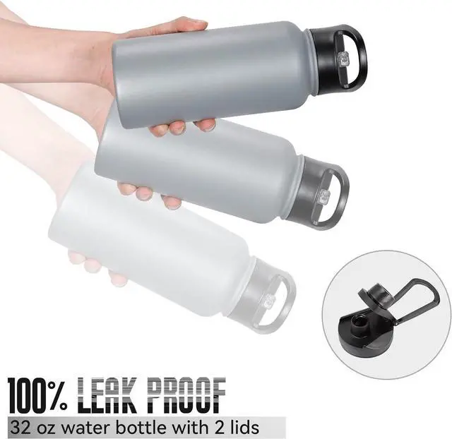 Alt view image 5 of 7 - 32 oz Insulated Water Bottle Bulk 4 Pack, Stainless Steel Sports Water Bottles with Straw Lid & Wide Mouth Lids, Double Walled Vacuum, Leak Proof, Gray