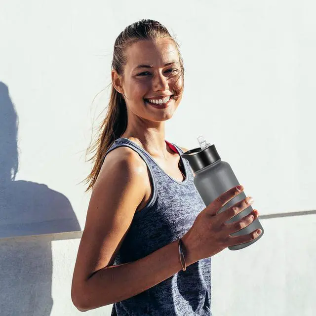 Alt view image 6 of 7 - 32 oz Insulated Water Bottle Bulk 4 Pack, Stainless Steel Sports Water Bottles with Straw Lid & Wide Mouth Lids, Double Walled Vacuum, Leak Proof, Gray