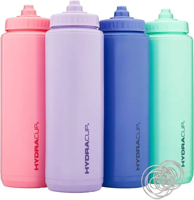 Main image of Hydra Cup Sport [4 Pack] 32 oz Squeeze Water Bottles, Fast Flow Sports Water Bottle with Ball Blender Whisk, Bike & Cycling Water Bottle, Travel To Go, BPA Free (Bright Colors)