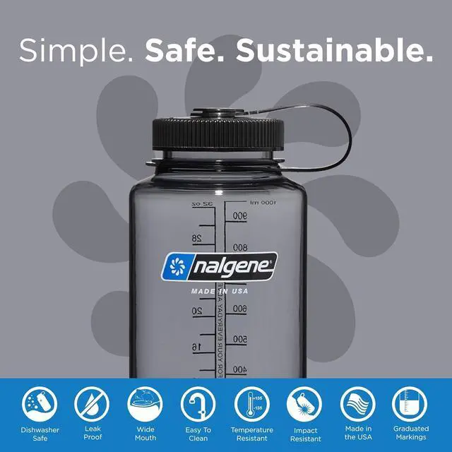 Alt view image 3 of 6 - Nalgene Leak Proof Tritan BPA-Free Water Bottle - 32 oz Wide Mouth - Made in the USA for Outdoor Use & Daily Hydration (Grey w/Black Lid)