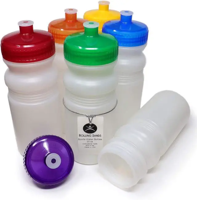 Main image of Rolling Sands 20 Ounce Sports Water Bottles 6 Pack, BPA-Free, Made In USA, Dishwasher Safe, Clear Frost Bottles/Rainbow Lids