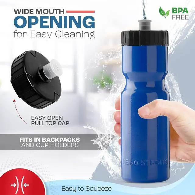 Alt view image 2 of 7 - 50 Strong Bulk Water Bottles | 24 Pack Sports Bottle | 22 oz. BPA-Free Easy Open with Pull Top Cap | Made in USA | Reusable Plastic Water Bottles for Adults & Kids | Top Rack Dishwasher Safe