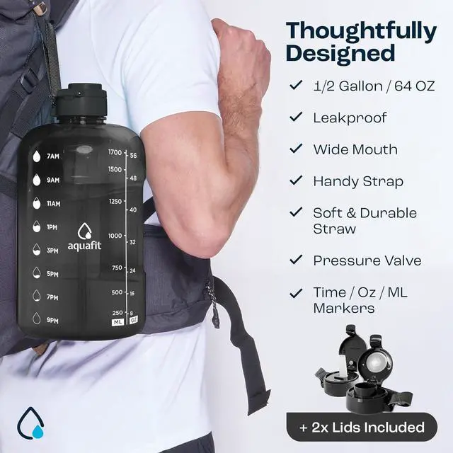Alt view image 5 of 7 - AQUAFIT 64 oz Water Bottle with Time Marker - Straw & Chug Lid - BPA Free Half Gallon Water Bottle, Big Water Bottle with Straw, Gym Water Bottle with Handle, Gallon Water Jug (Gray, 64 Ounces)