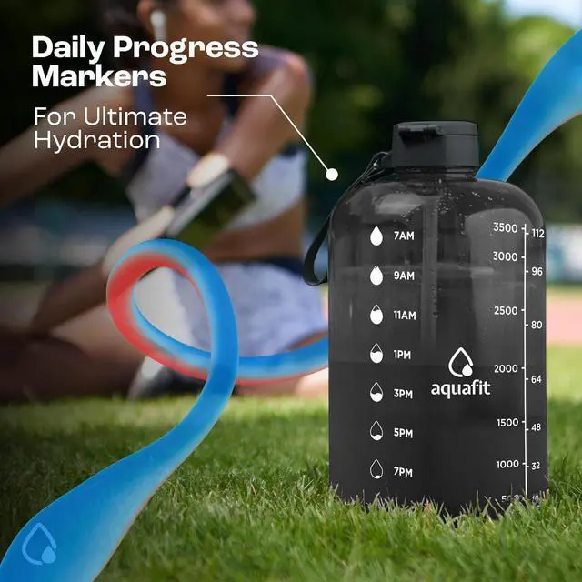 Alt view image 6 of 7 - AQUAFIT 1 Gallon Water Bottle with Time Marker - Straw & Chug Lid - BPA Free Big Water Bottle with Straw - Gym Water Bottle with Handle - Gallon Water Jug (128 Ounces, Gray)