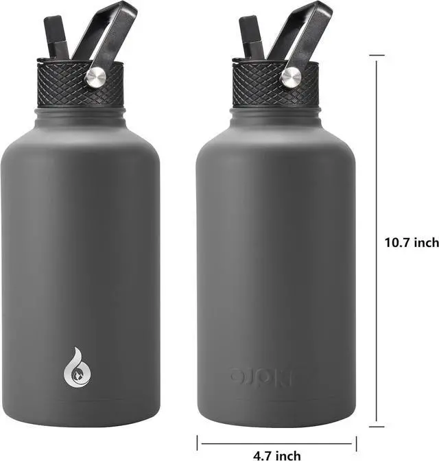 Alt view image 2 of 7 - BJPKPK Half Gallon Insulated Water Bottles with Straw Lid, 64oz Large Water Jug, Stainless Steel Bottles with 3 Lids and Paracord Handle, Thermos for Hot & Cold Liquid, Gray