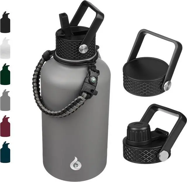 Main image of BJPKPK Half Gallon Insulated Water Bottles with Straw Lid, 64oz Large Water Jug, Stainless Steel Bottles with 3 Lids and Paracord Handle, Thermos for Hot & Cold Liquid, Gray