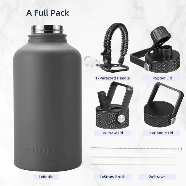 Alt view image 4 of 7 - BJPKPK Half Gallon Insulated Water Bottles with Straw Lid, 64oz Large Water Jug, Stainless Steel Bottles with 3 Lids and Paracord Handle, Thermos for Hot & Cold Liquid, Gray